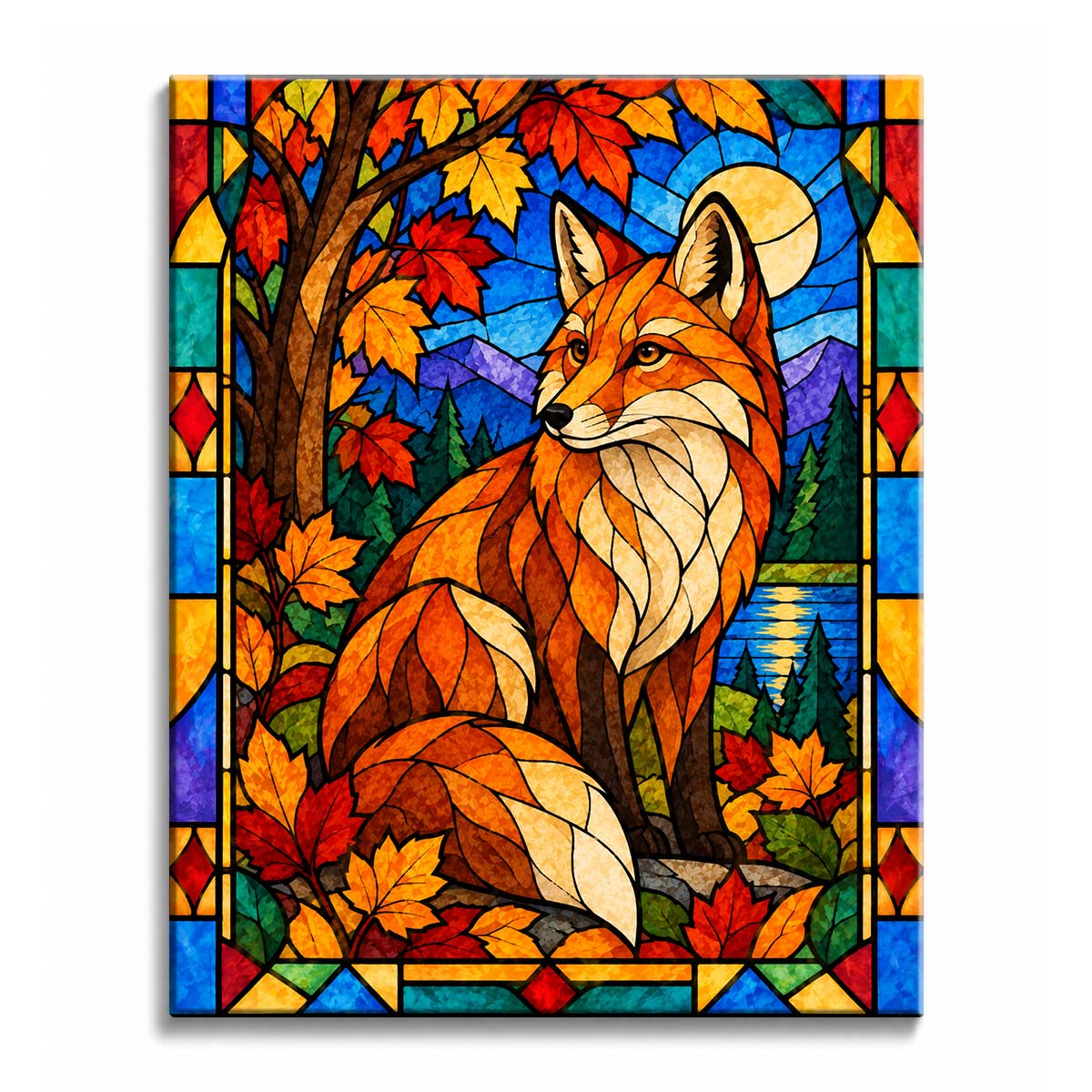 An orange fox sits beneath red and gold maple leaves beside a blue lake, with purple mountains and a pale sun behind it, in a stained glass autumn fox paint by numbers design.