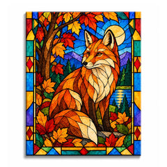 An orange fox sits beneath red and gold maple leaves beside a blue lake, with purple mountains and a pale sun behind it, in a stained glass autumn fox paint by numbers design.