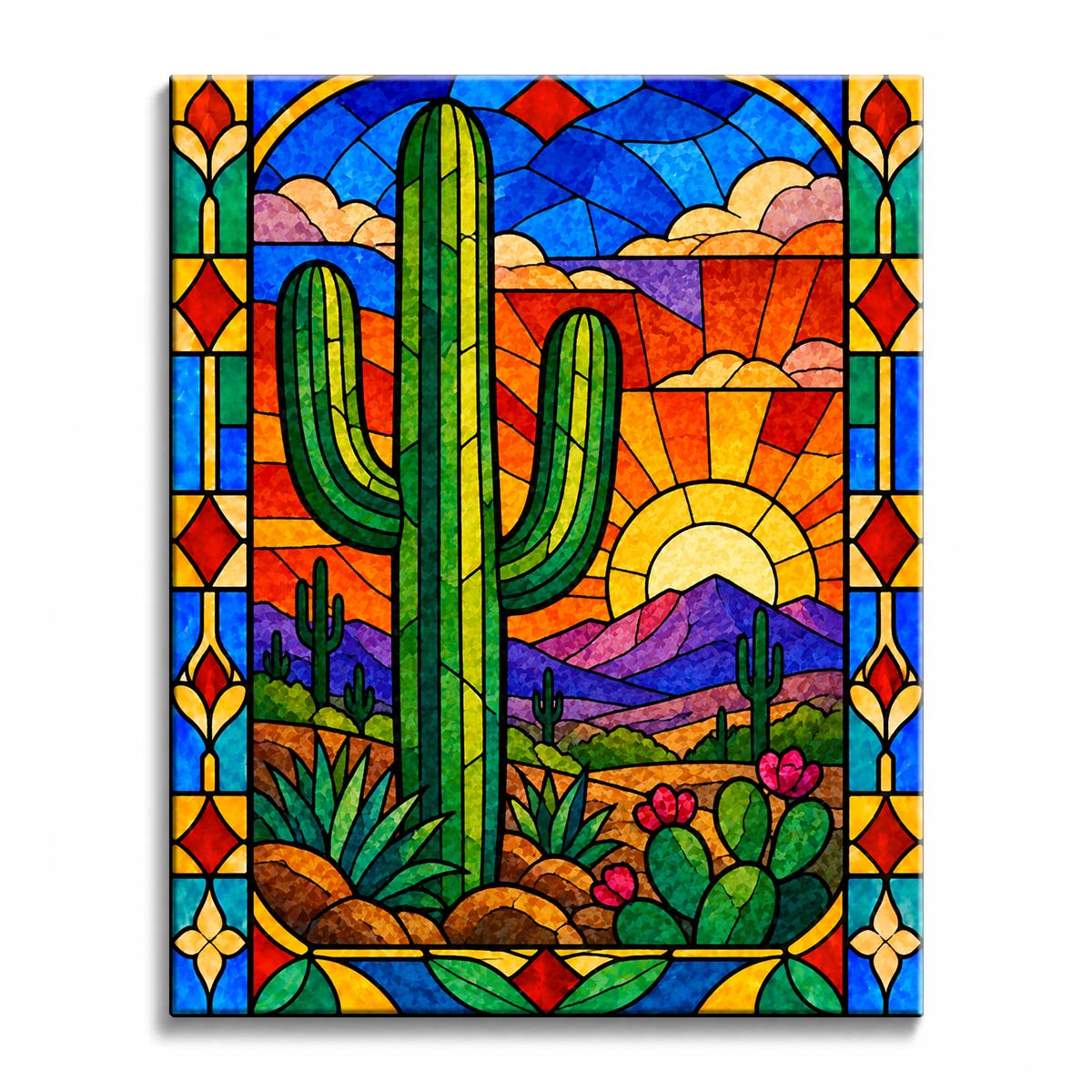 Golden light stretches across a desert where a tall saguaro, purple mountains, and prickly pear sit inside a stained glass cactus paint by numbers design bordered by blue panes.