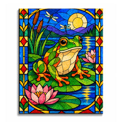 On a lily pond, a stained glass frog paint by numbers design shows a green frog on lily pads beneath dragonflies, with pink water lilies, purple hills, and a golden sun reflected in blue water.
