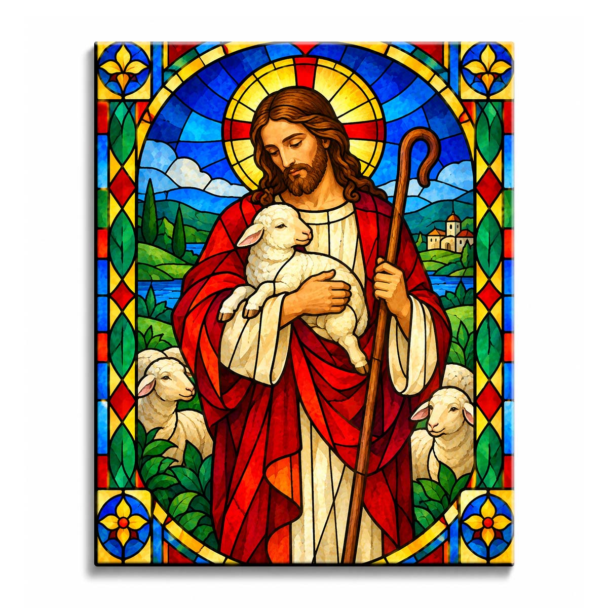 A stained glass Jesus paint by numbers design showing the Good Shepherd holding a lamb beneath a gold halo, with a staff, red robe, and green valley landscape.