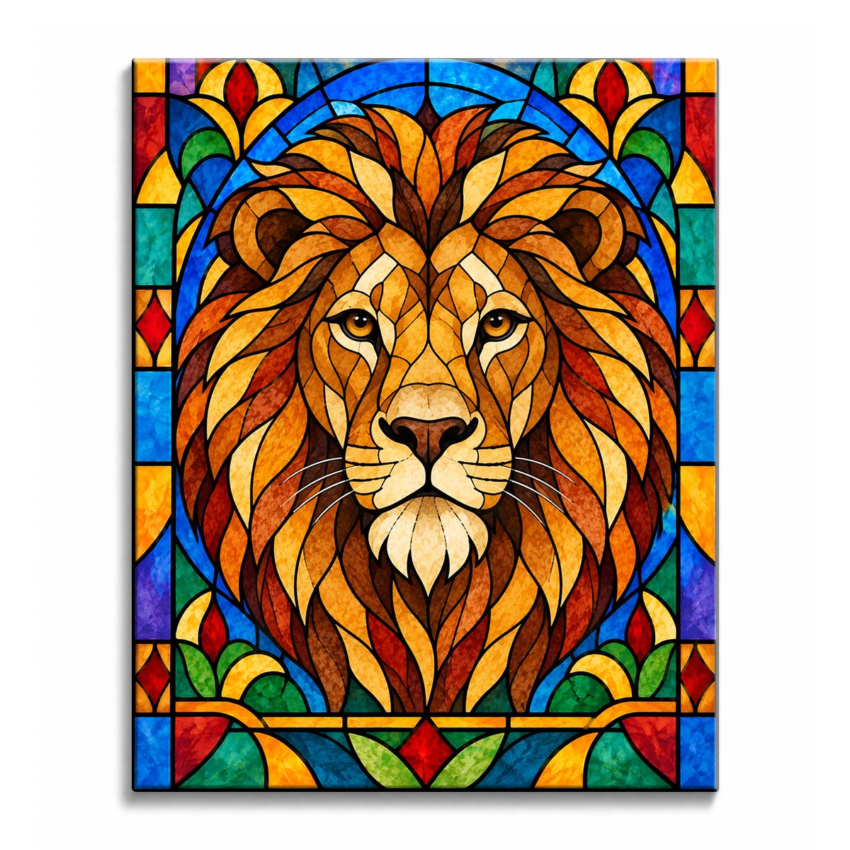 A stained glass lion paint by numbers design showing a forward-facing lion with an amber and brown mane, golden eyes, blue leaded glass panels, and red floral ornaments.