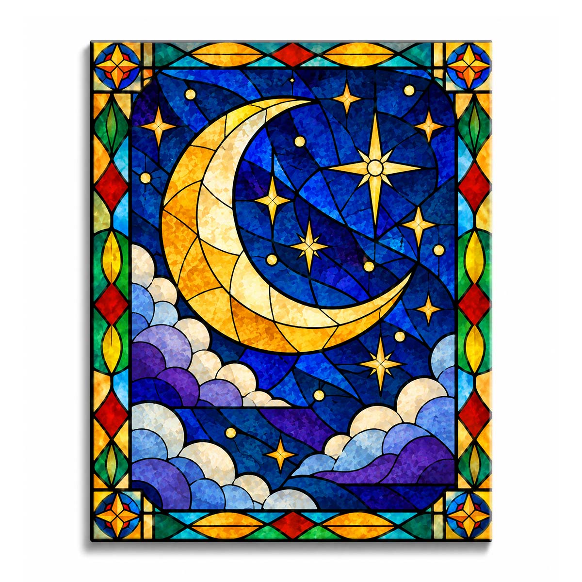 A stained glass moon paint by numbers design showing a gold crescent among pointed stars, deep blue panes, and layered violet and cream clouds.