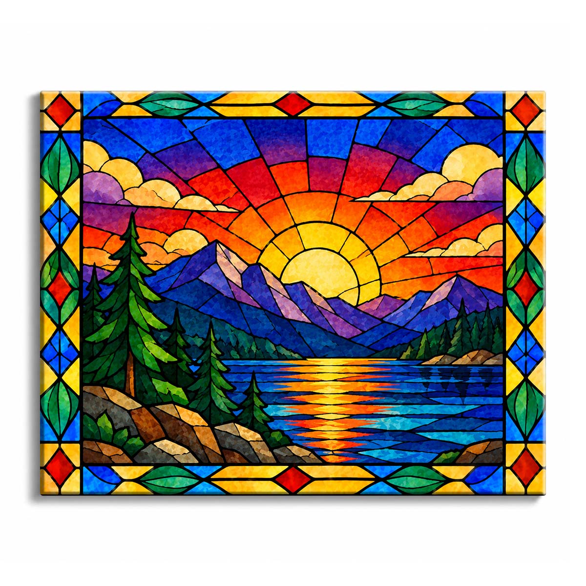 A mountain lake at sunset with blue-violet peaks, pine forest, and gold reflections on the water, rendered as a stained glass mountain lake paint by numbers design inside a geometric border.