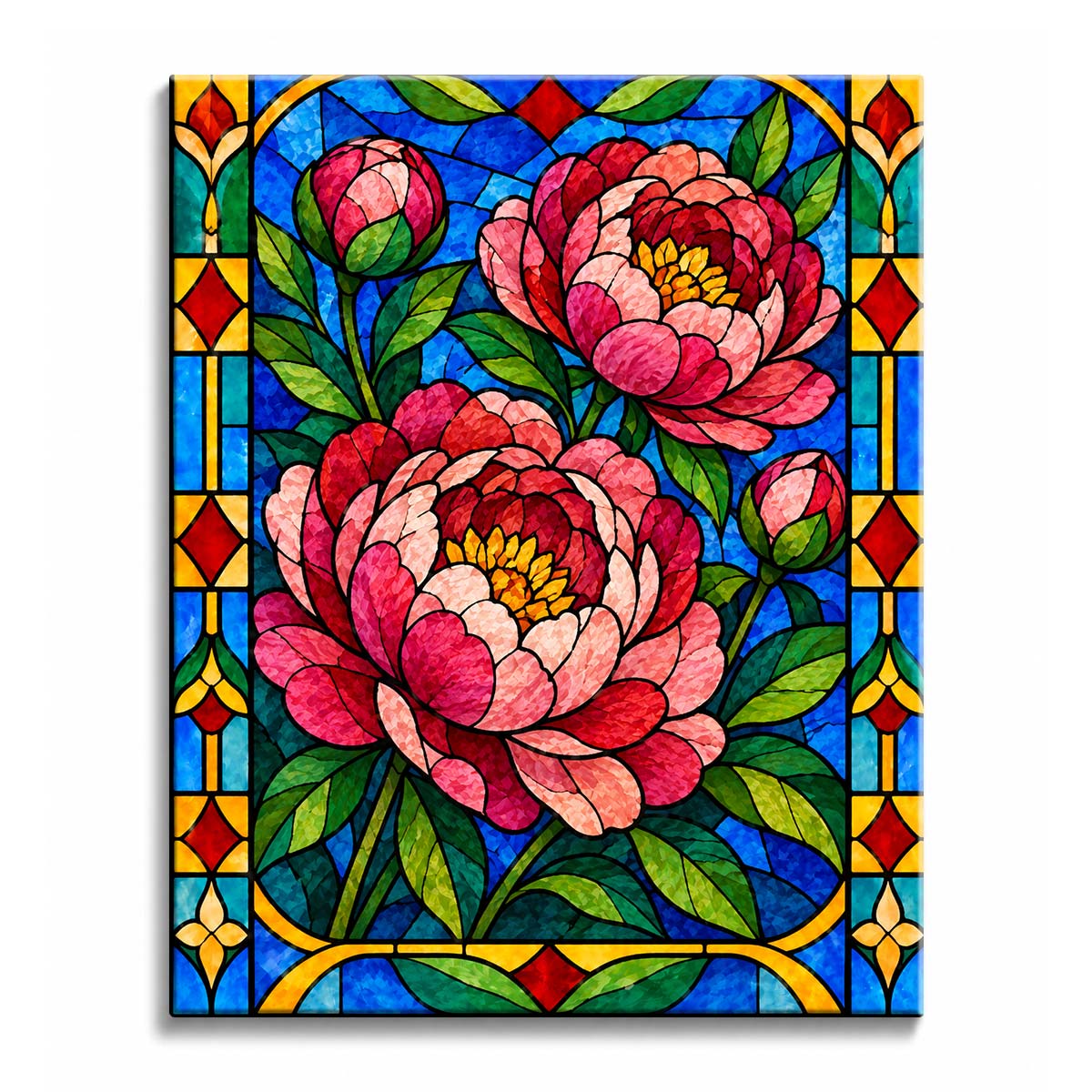Pink peonies with layered petals and green leaves stand against cobalt-blue panes and a red-and-gold border in a stained glass peony paint by numbers design.