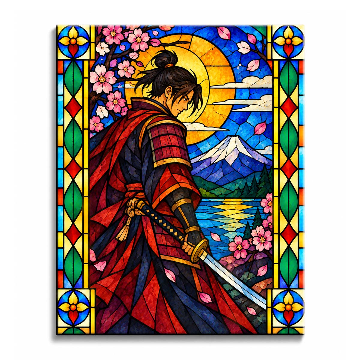 Before Mount Fuji, a red-armored stained glass samurai stands among cherry blossoms beneath a golden sun in this paint by numbers design.