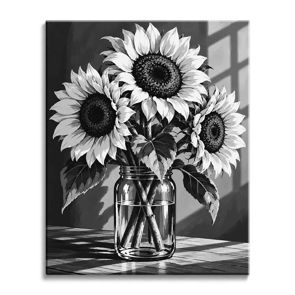 Large sunflowers in a glass jar of water on a wooden table, with window shadows across the wall, in a black and white paint by numbers design.