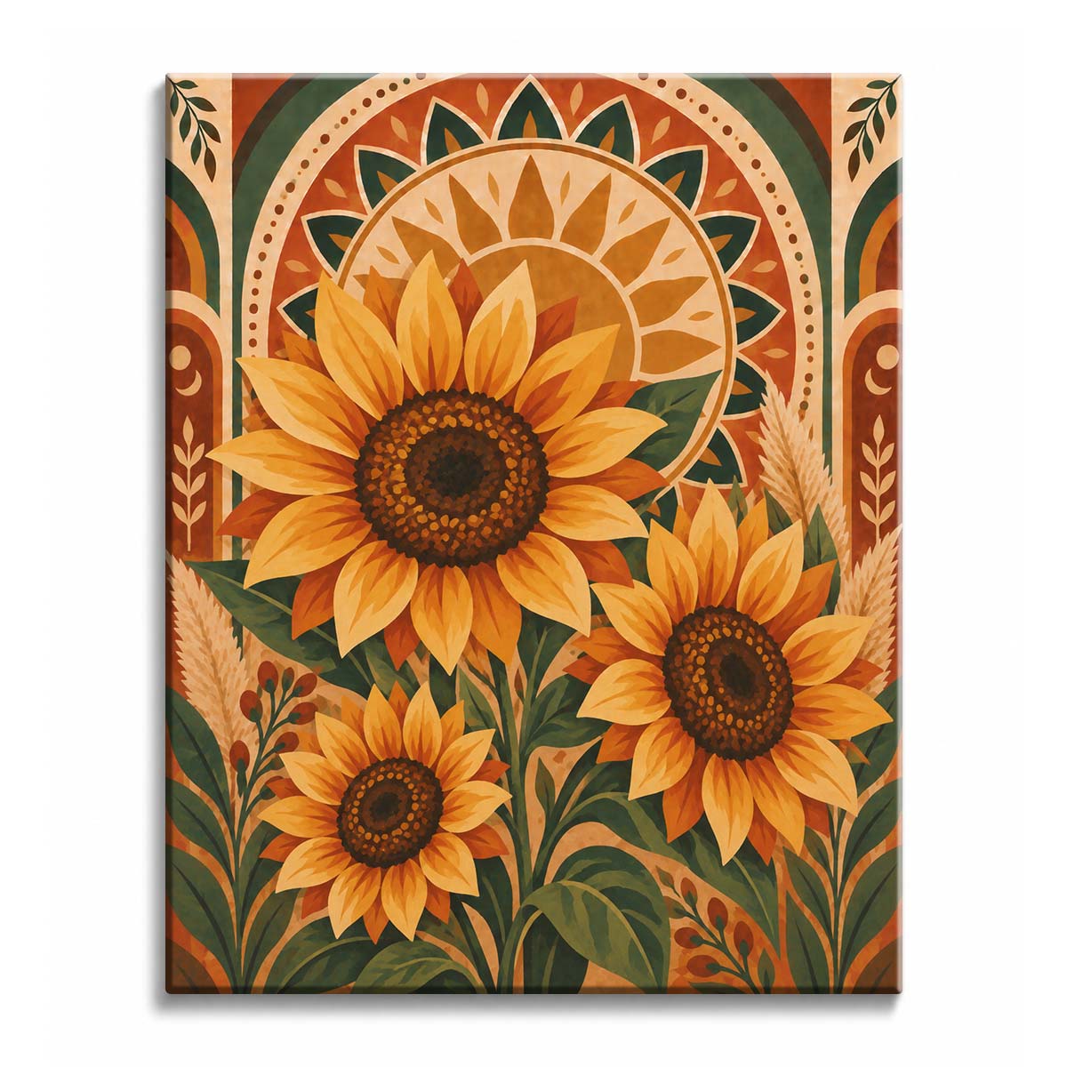 In front of a circular golden sunburst, sunflowers with layered yellow and orange petals and dark brown seed heads fill a paint by numbers design, surrounded by terracotta arches and dark green leaves.