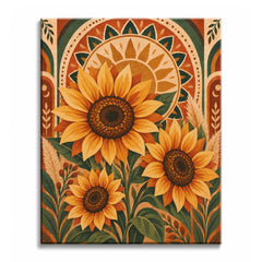 In front of a circular golden sunburst, sunflowers with layered yellow and orange petals and dark brown seed heads fill a paint by numbers design, surrounded by terracotta arches and dark green leaves.