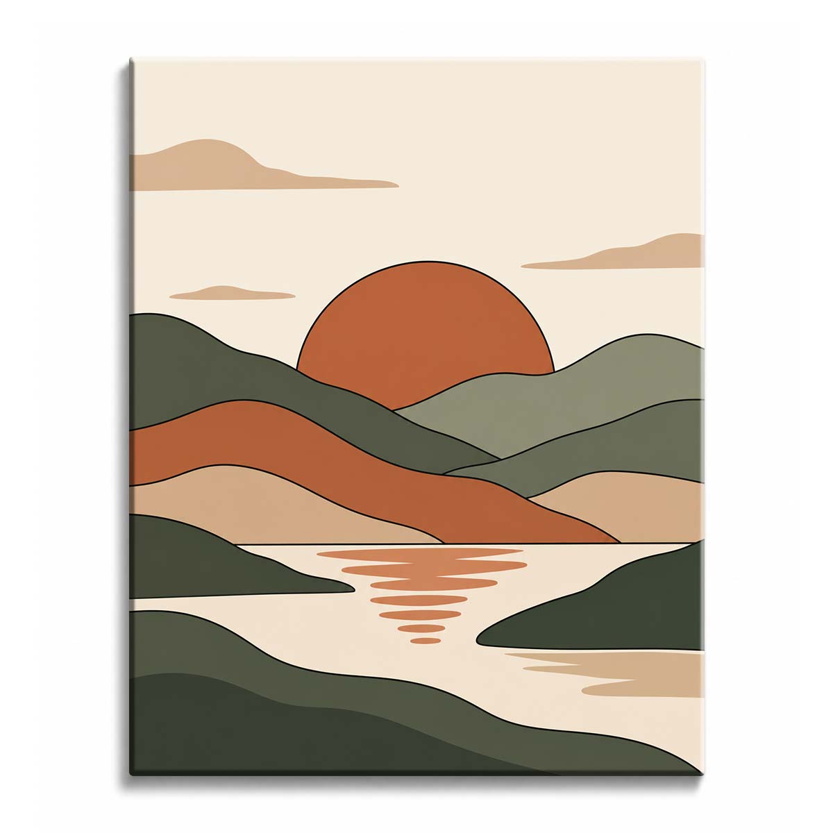 A sunset landscape of a terracotta sun sitting low behind layered olive hills, with orange ripples across a lake, in a paint by numbers design.