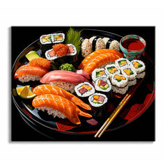 A black sushi platter filled with salmon nigiri, tuna, roe-topped rolls, maki, avocado, and rice, with chopsticks beside it.