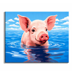 Bright blue water surrounds a smiling pink pig swimming toward the viewer, in a paint by numbers design.