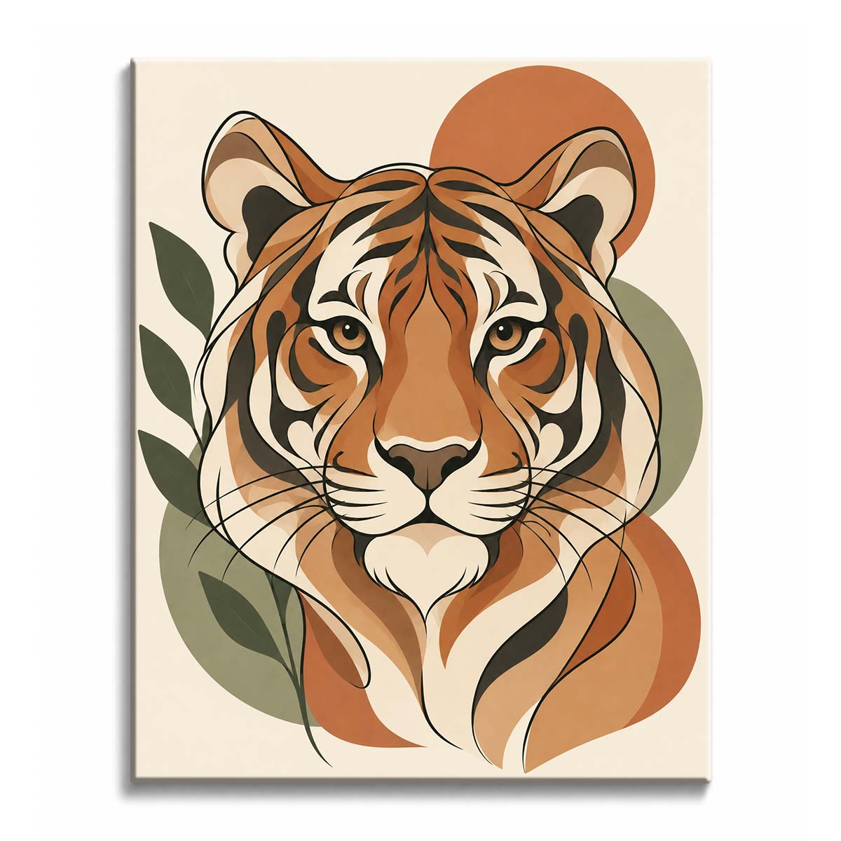 A tiger portrait framed by olive leaves and rust forms in a tiger paint by numbers design with flat graphic shapes.