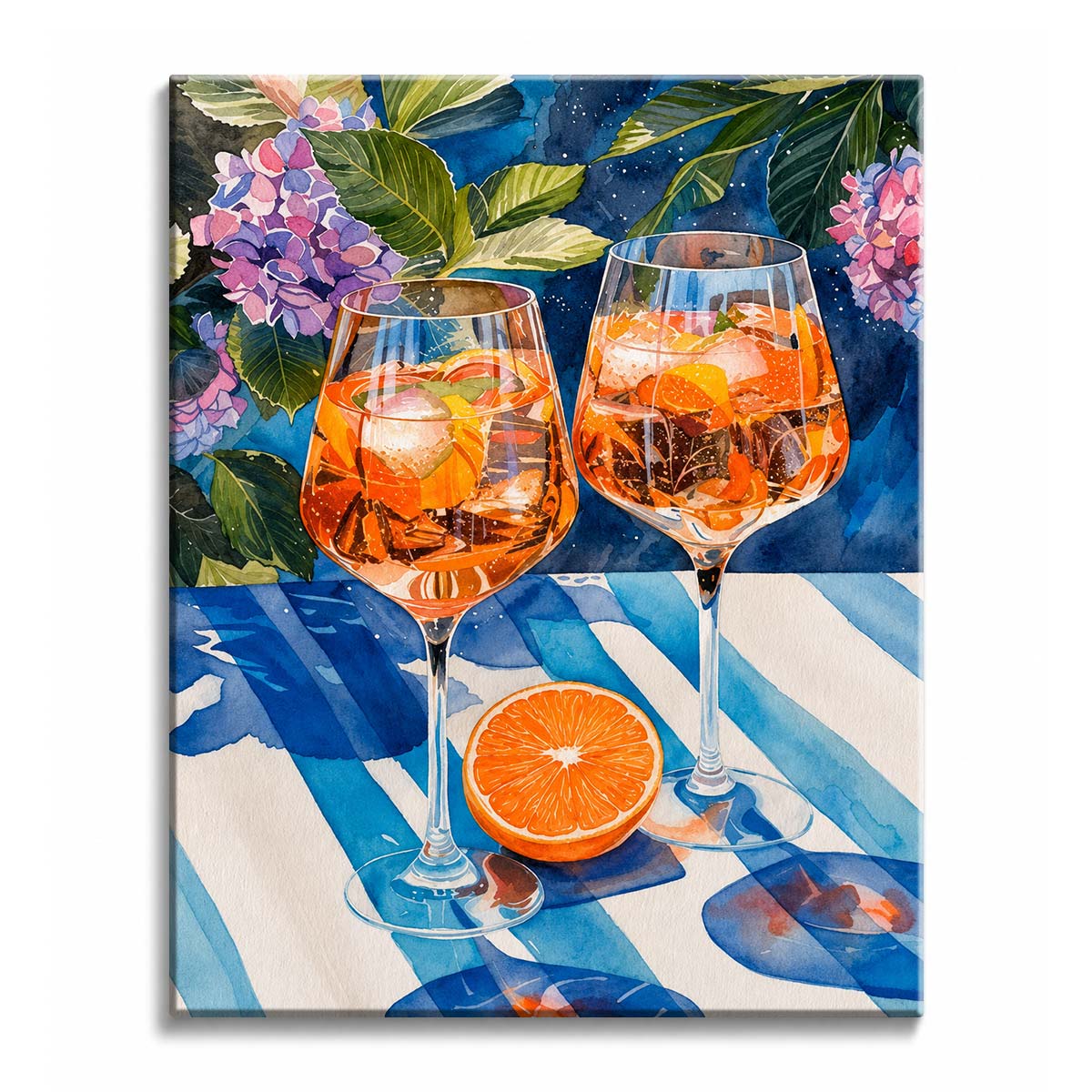 Sunlight falls across two spritz glasses and half an orange on a striped cloth with hydrangeas behind, in a paint by numbers design.