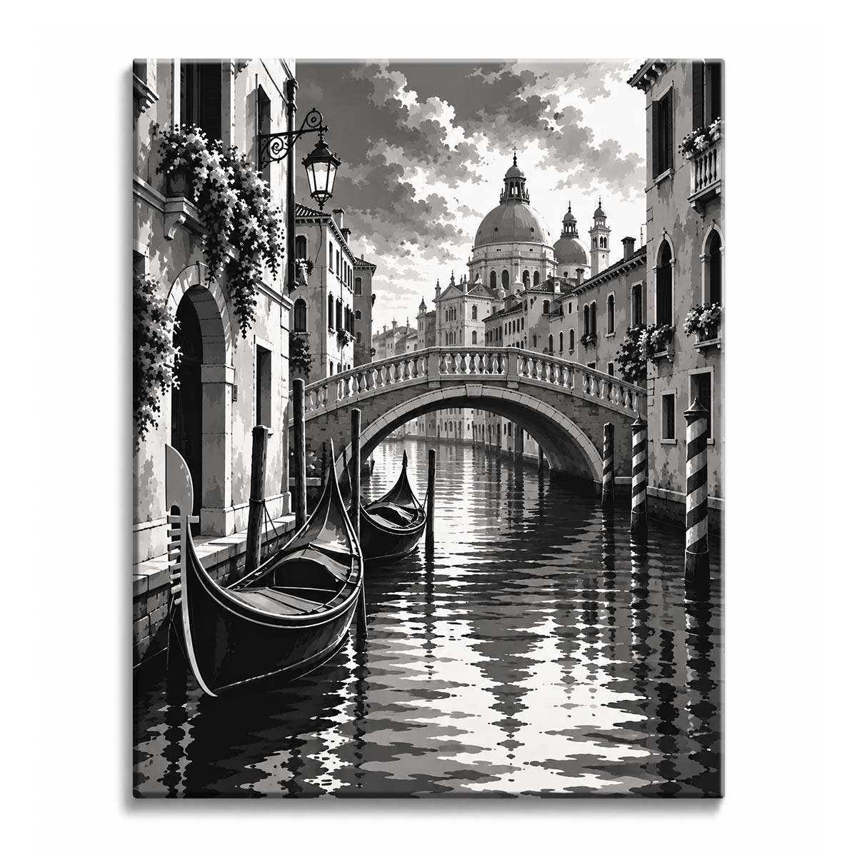 On a quiet canal in Venice, gondolas are moored beside striped poles below a stone bridge and a domed church, in a black and white paint by numbers design.