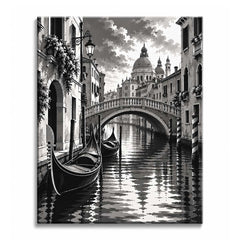 On a quiet canal in Venice, gondolas are moored beside striped poles below a stone bridge and a domed church, in a black and white paint by numbers design.