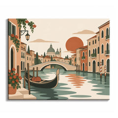 A Venice gondola paint by numbers design with an arched bridge, domes, rust sunset, flowered balcony, and flat canal reflections.