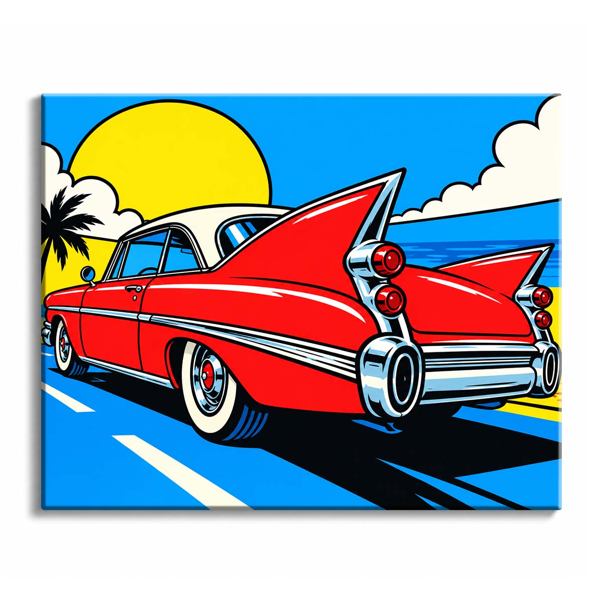 On a coastal road beside blue ocean, a vintage car paint by numbers design shows a red finned coupe beneath a low yellow sun and a palm silhouette.