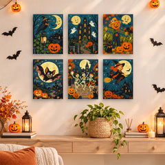 A vintage halloween paint by numbers mini set showing smiling moons over a crow, ghosts at a haunted house, a pumpkin-headed scarecrow, dancing skeletons, and a flying witch.