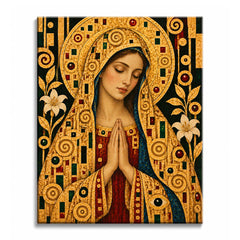 Hands folded in prayer, the Virgin Mary bows beneath a golden mosaic veil between white lilies, in a paint by numbers design.