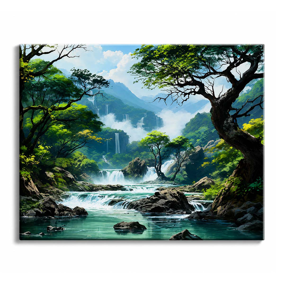 Mist drifts over waterfalls in a green valley as a turquoise river runs between rocks under an old spreading tree, in a paint by numbers design.