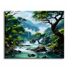 Mist drifts over waterfalls in a green valley as a turquoise river runs between rocks under an old spreading tree, in a paint by numbers design.