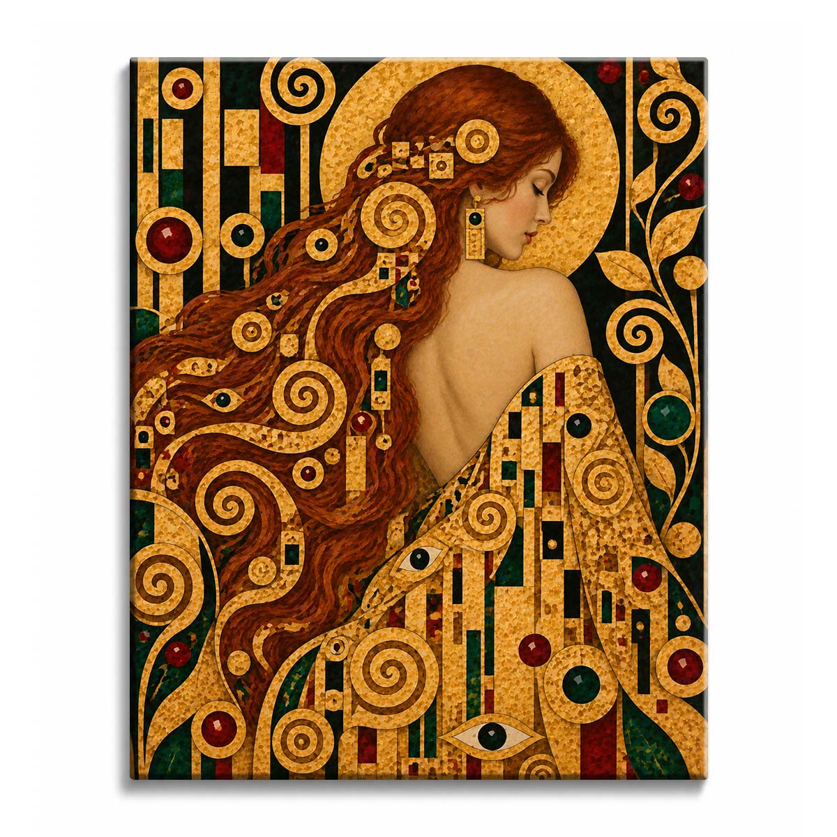 A red-haired woman seen from behind, her hair winding through golden spirals before a gilded halo, in a paint by numbers design.