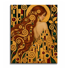 A red-haired woman seen from behind, her hair winding through golden spirals before a gilded halo, in a paint by numbers design.