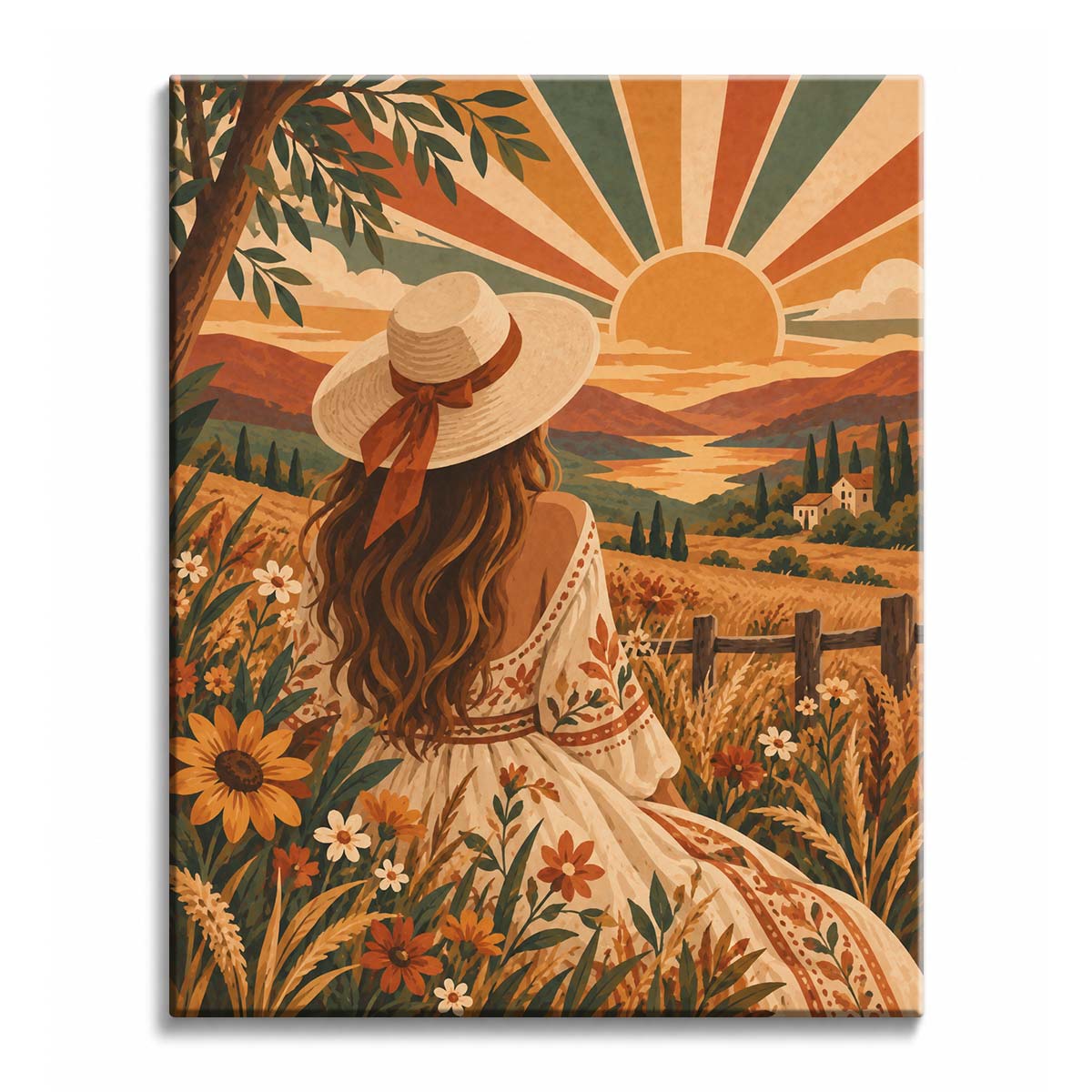 In a golden meadow, a woman in a wide-brim hat faces a low sun above distant hills and water, surrounded by wildflowers in a paint by numbers design.