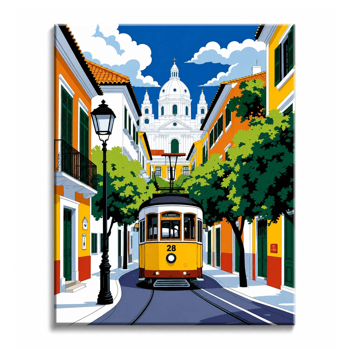 A yellow number 28 tram climbs a narrow Lisbon street between colorful houses toward a white church dome, in a paint by numbers design.