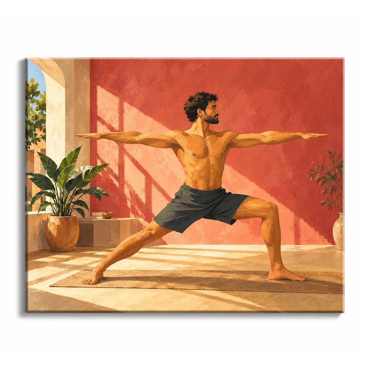 Warm window light falls across a yoga man holding Warrior II beside potted plants in a paint by numbers design with a blue-sky arch and coral studio wall.