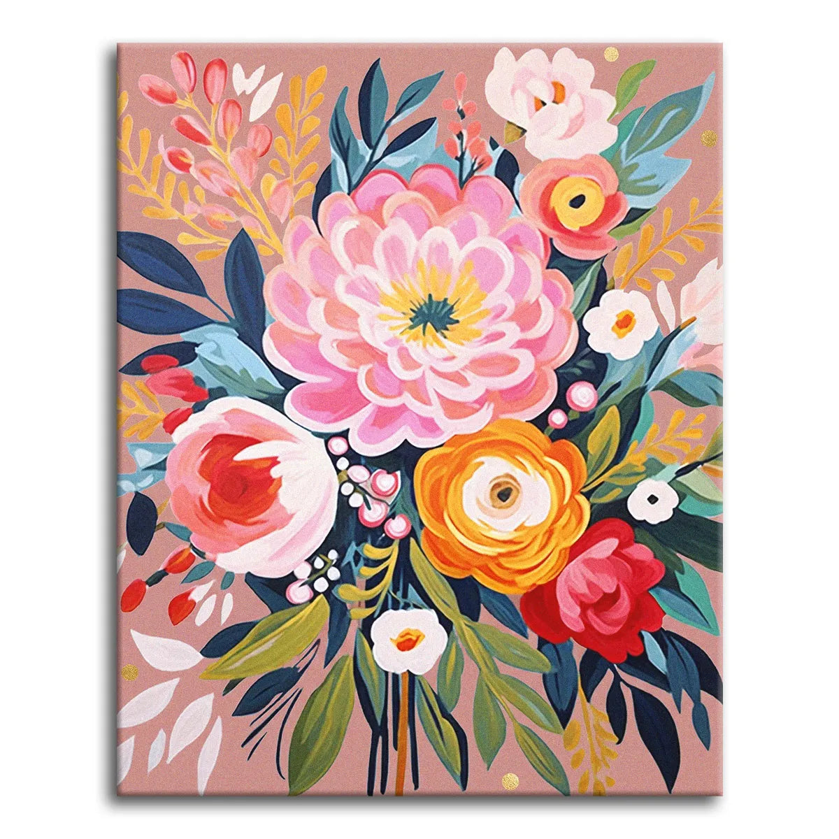 A modern painted-style bouquet with a blush peony, orange ranunculus, and roses among navy and sage leaves on a dusty-rose background, shown as a paint by numbers canvas.
