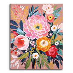 A modern painted-style bouquet with a blush peony, orange ranunculus, and roses among navy and sage leaves on a dusty-rose background, shown as a paint by numbers canvas.