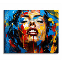 A woman with her eyes closed and head tilted back, her face covered in thick blue, yellow and red knife strokes with paint running downward.