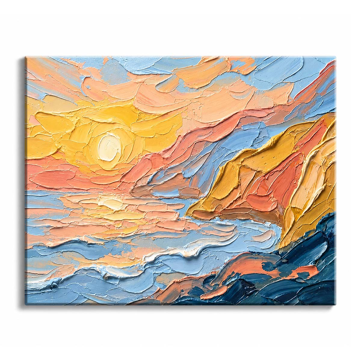 Low sun glowing over blue water and a gold headland, built from thick palette knife strokes, in a paint by numbers design.