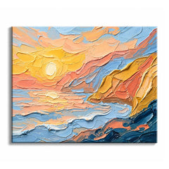 Low sun glowing over blue water and a gold headland, built from thick palette knife strokes, in a paint by numbers design.