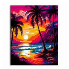 A tropical sunset paint by numbers design with black palm silhouettes against a magenta and gold sky over a beach and breaking waves.