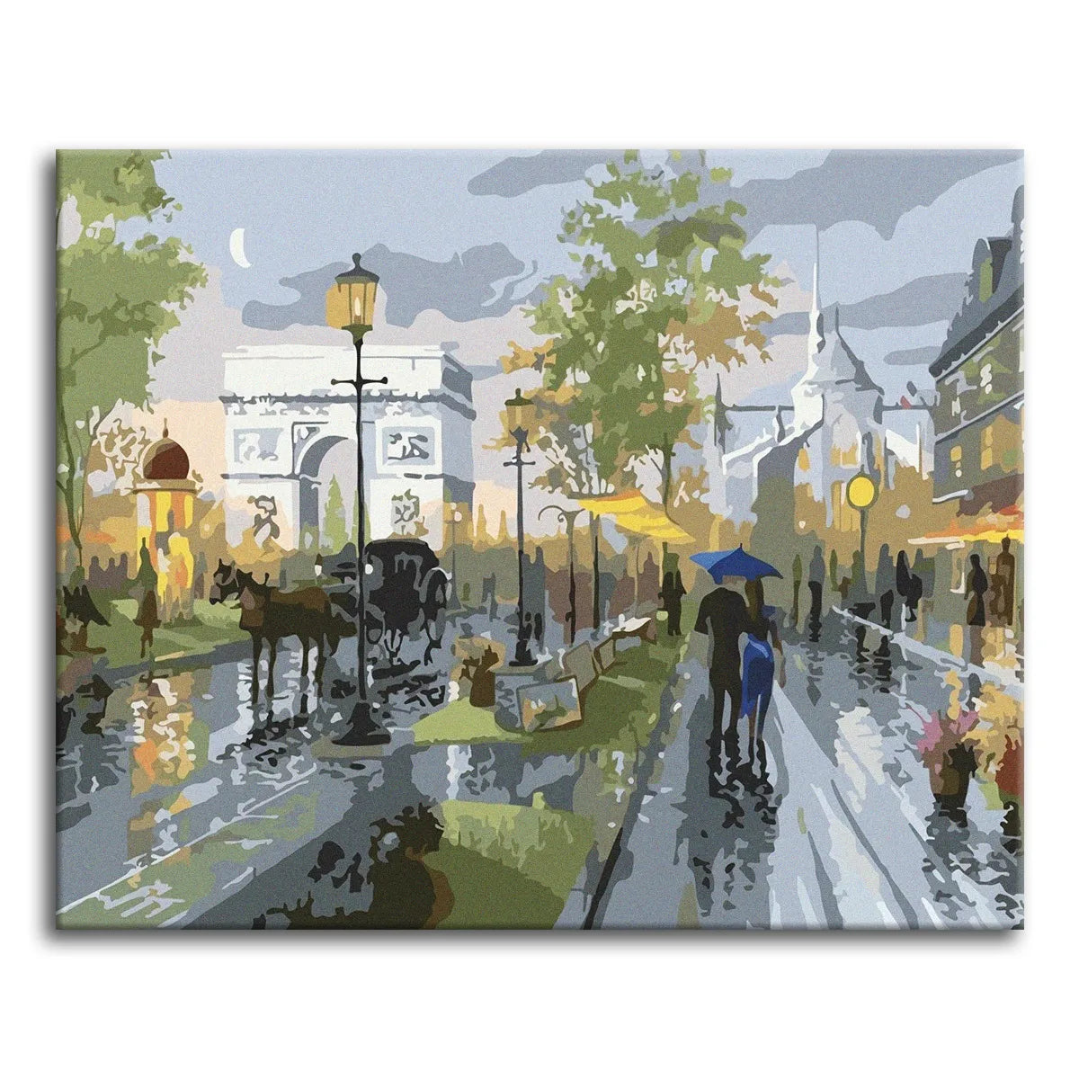 A paint by numbers rainy Paris street with the Arc de Triomphe, glowing streetlamps, a couple under a blue umbrella, and a horse-drawn carriage.