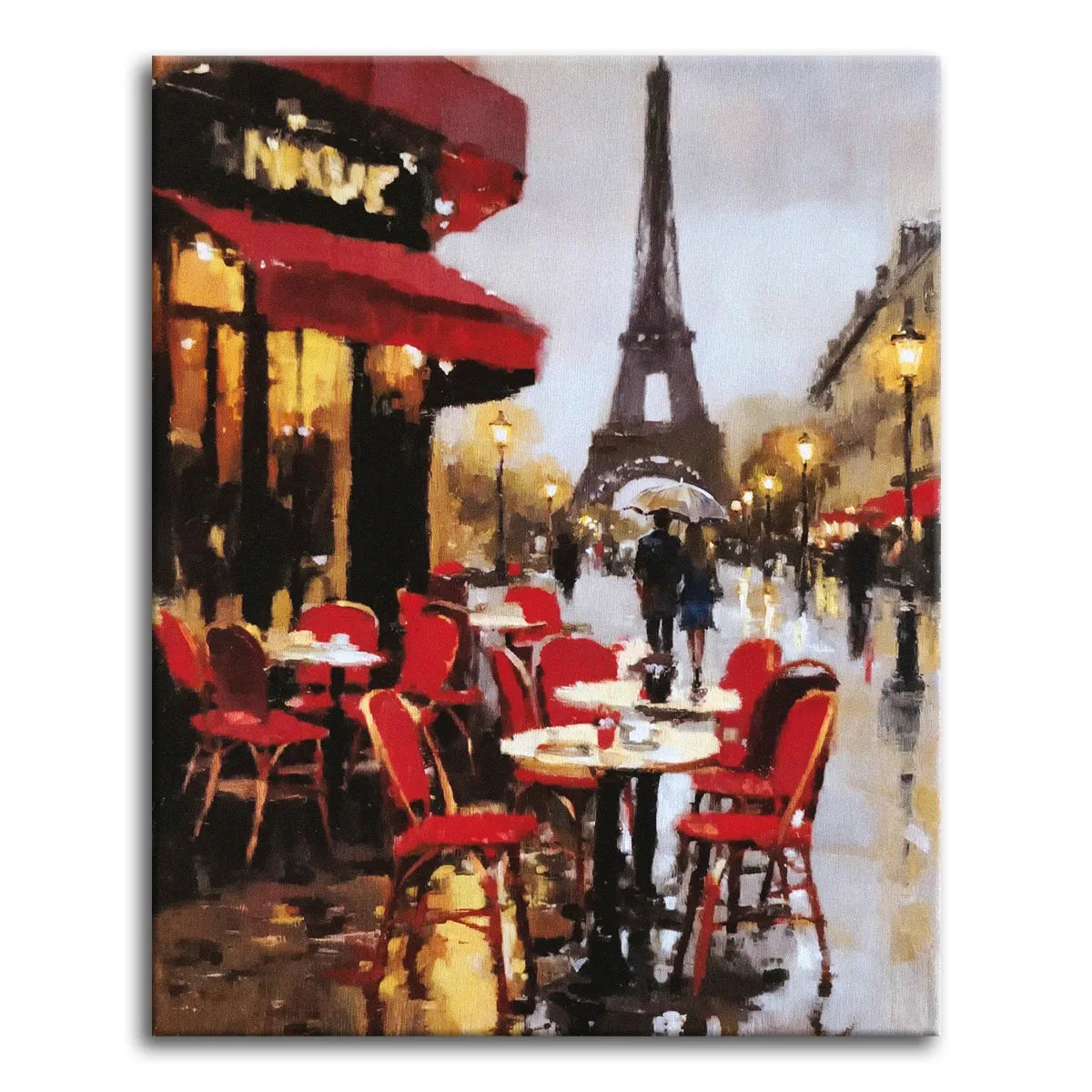 An impressionist oil-style paint by numbers scene of a rainy Paris street with red café chairs and awning, a couple under an umbrella, and the Eiffel Tower rising through the misty glow of streetlamps.