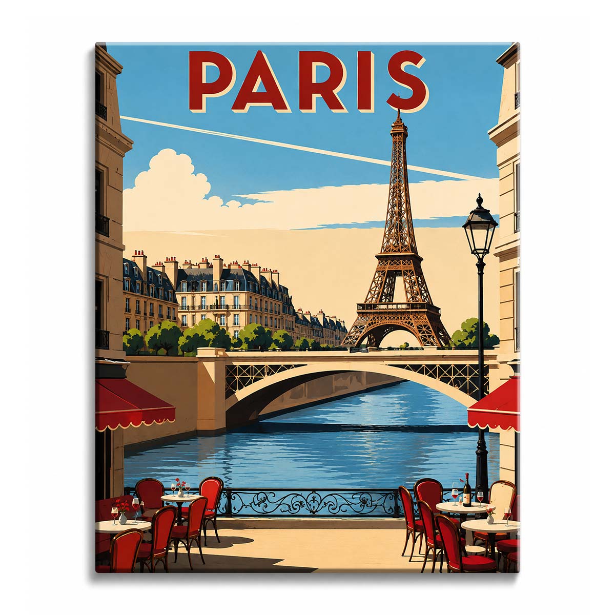 Red café tables face the Seine below the Eiffel Tower in a vintage travel poster scene, in a paint by numbers design.