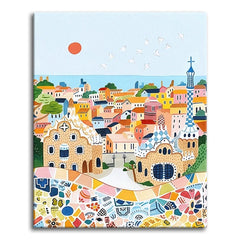 A paint by numbers folk-art view of Gaudí's Park Güell in Barcelona with mosaic tilework, whimsical pavilions, and a colorful hillside.