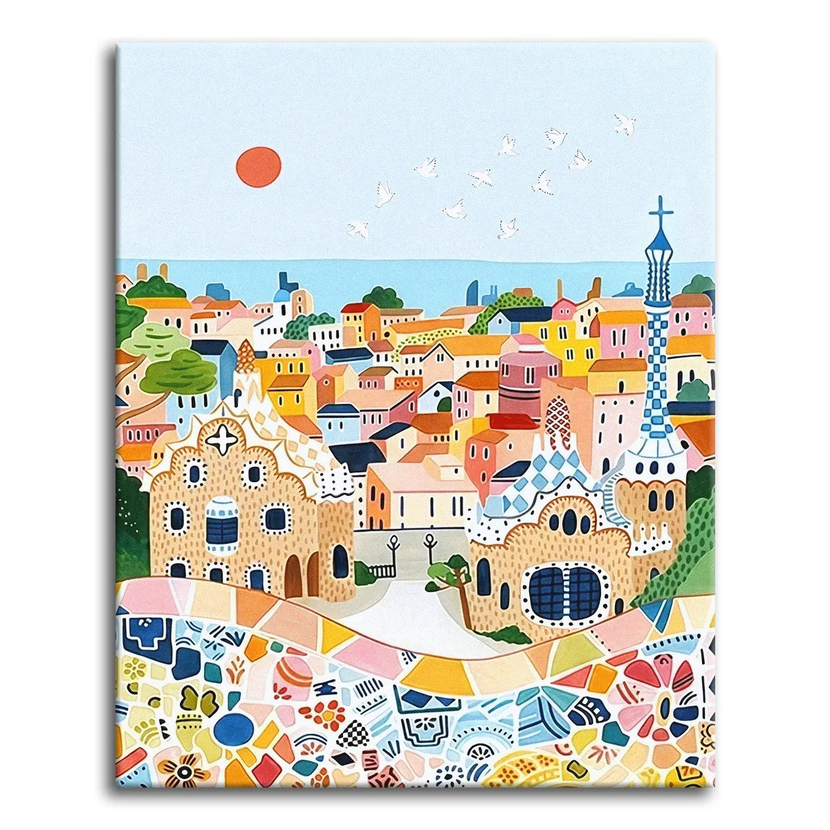 A paint by numbers folk-art view of Gaudí's Park Güell in Barcelona with mosaic tilework, whimsical pavilions, and a colorful hillside.