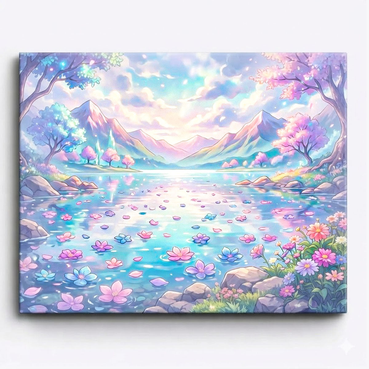 anime style pastel blossom lake with floating flowers soft mountain reflections fantasy landscape paint by numbers design