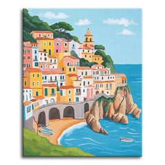 A paint by numbers canvas in modern illustrated style of a pastel cliffside town above a turquoise cove, with stacked houses, orange rooftops, and small boats.