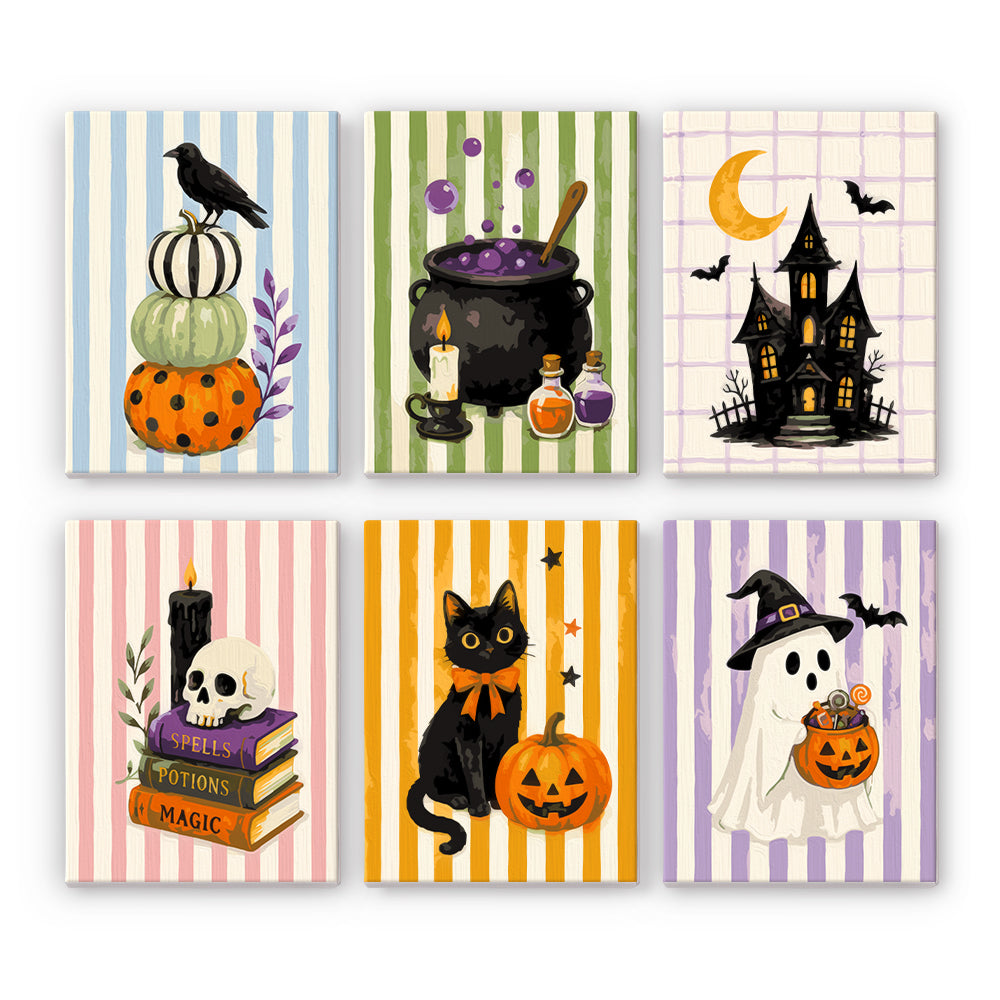 Set against striped pastel backgrounds, a crow on pumpkins, a black cauldron, a haunted house, and a ghost in a witch hat fill six designs in a pastel halloween paint by numbers mini set.