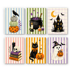 Set against striped pastel backgrounds, a crow on pumpkins, a black cauldron, a haunted house, and a ghost in a witch hat fill six designs in a pastel halloween paint by numbers mini set.