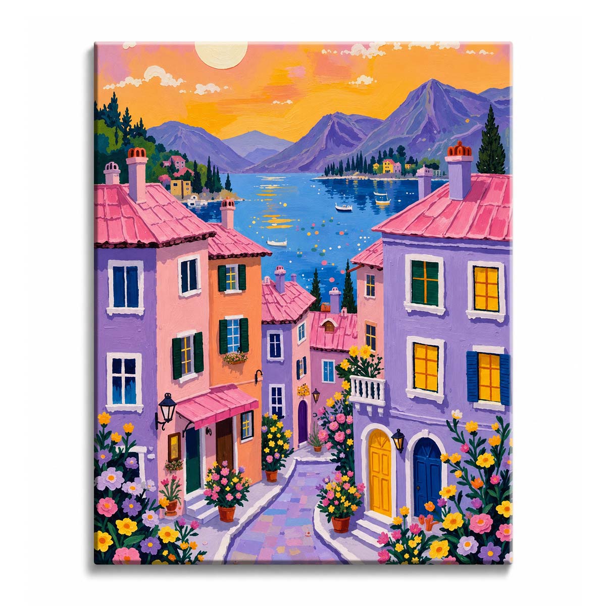 Lilac and pink houses line a flower-filled lane above a blue lake with purple mountains and a golden sky, in a paint by numbers design.