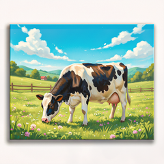 Pastoral cow in meadow paint by numbers design with flowers and hills