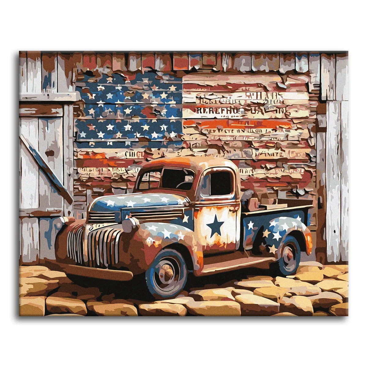 A rugged paint by numbers scene of an old vintage pickup truck painted with a worn American flag motif, parked on stone ground against a weathered barn wall bearing a faded stars-and-stripes design.