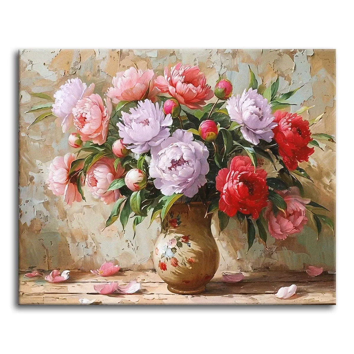 A classic still life of pink, white, and red peonies spilling from a floral vase with fallen petals on the table against an aged plaster wall, shown as a paint by numbers canvas.